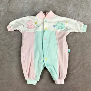 Vintage Little Me Baby Girls Pastel Embroidered Long Sleeve One Piece Romper